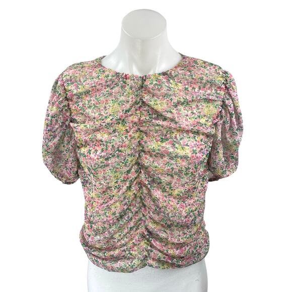 MNG Mango Multicolor Ruched Cinched Floral Short Puff Sleeve Crop Blouse Top L - Picture 1 of 4